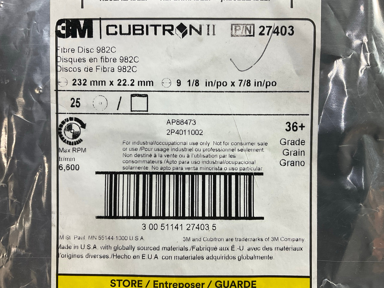 3M 27403 Cubitron II Fibre Sanding Discs 982C, 9-1/8'' X 7/8'', 36+ Grit, 25 TOTAL