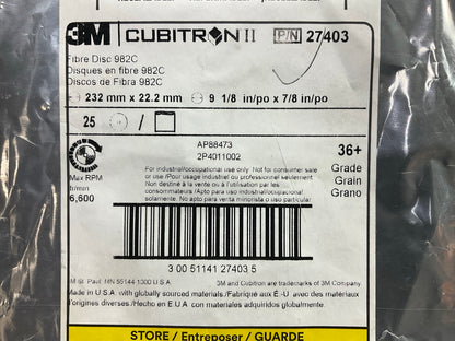 3M 27403 Cubitron II Fibre Sanding Discs 982C, 9-1/8'' X 7/8'', 36+ Grit, 25 TOTAL