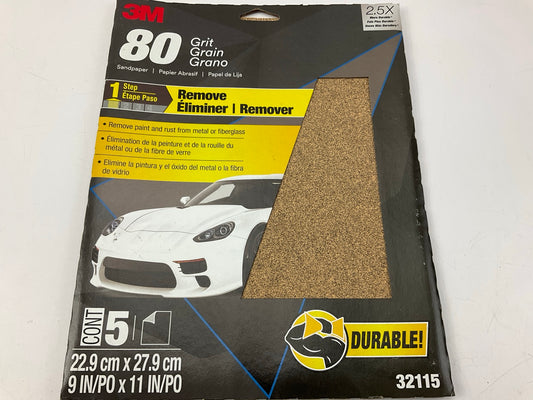 5 Pack - 3m 32115 Abrasive Dry Sandpaper 80 Grit Grade 9'' X 11'' Stage 1