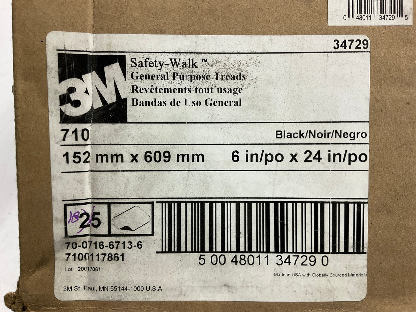 3M 34729 Safety-Walk 710 Anti-Slip Tape 6 In X 24 In, Black, PACK OF 18 Strips
