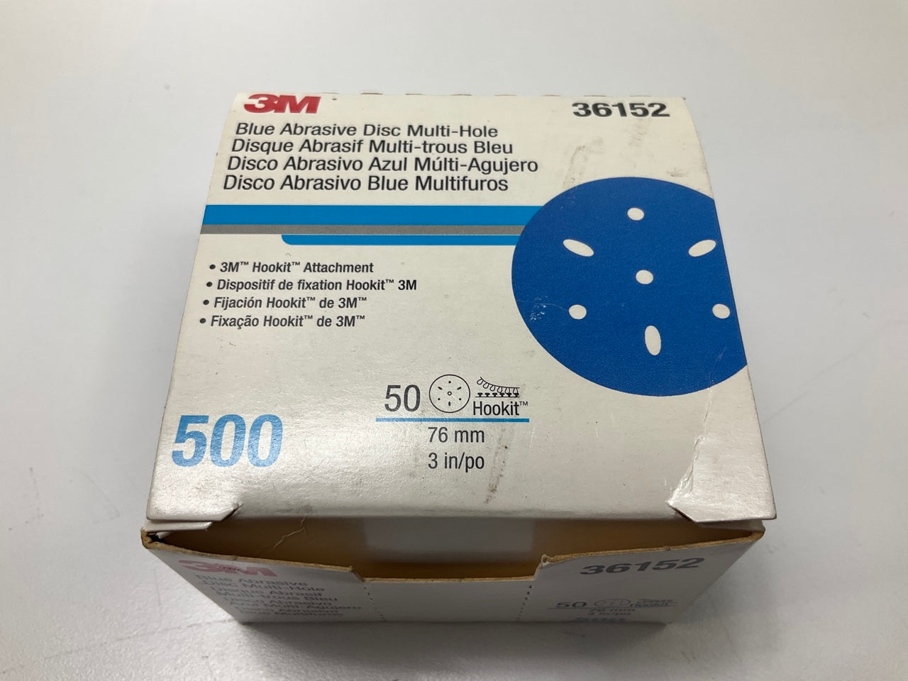 3M 36152 Hookit Blue Abrasive Sanding Disc 321U Multi-hole 3 '', 500 Grit, 50 Pcs