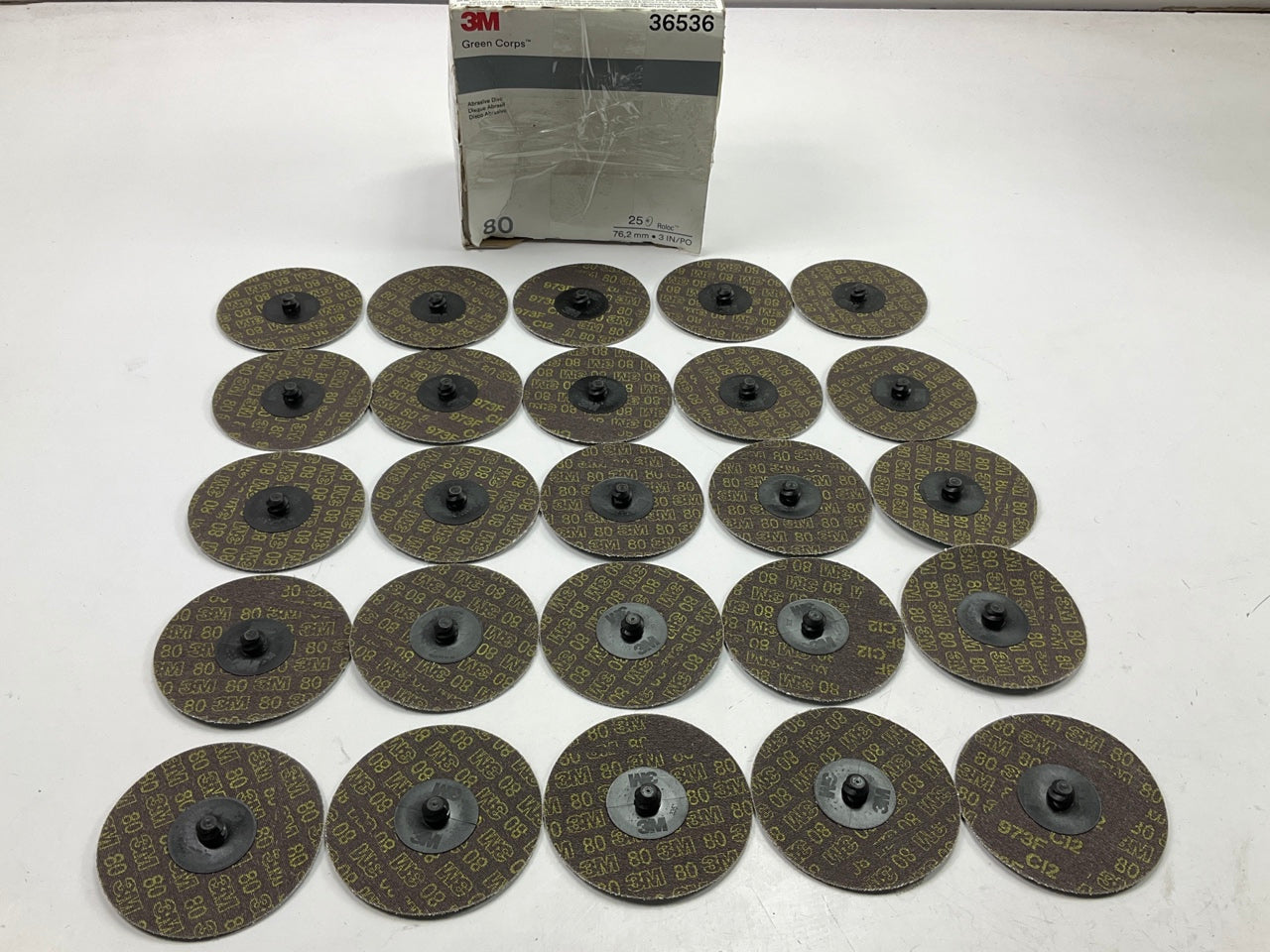 25 Pack - 3M 36536 3'' Green Corps Roloc Abrasive Grinding Discs 80 Grit