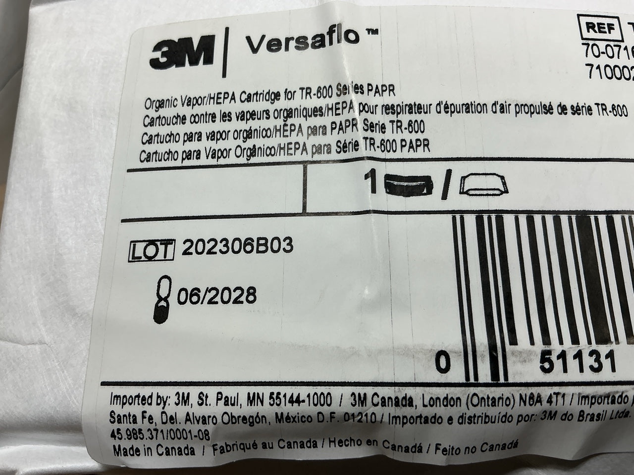 3M 37361 Versaflo HEPA Cartridge For TR-600 TR-800 Series System EXPIRES 06-2028