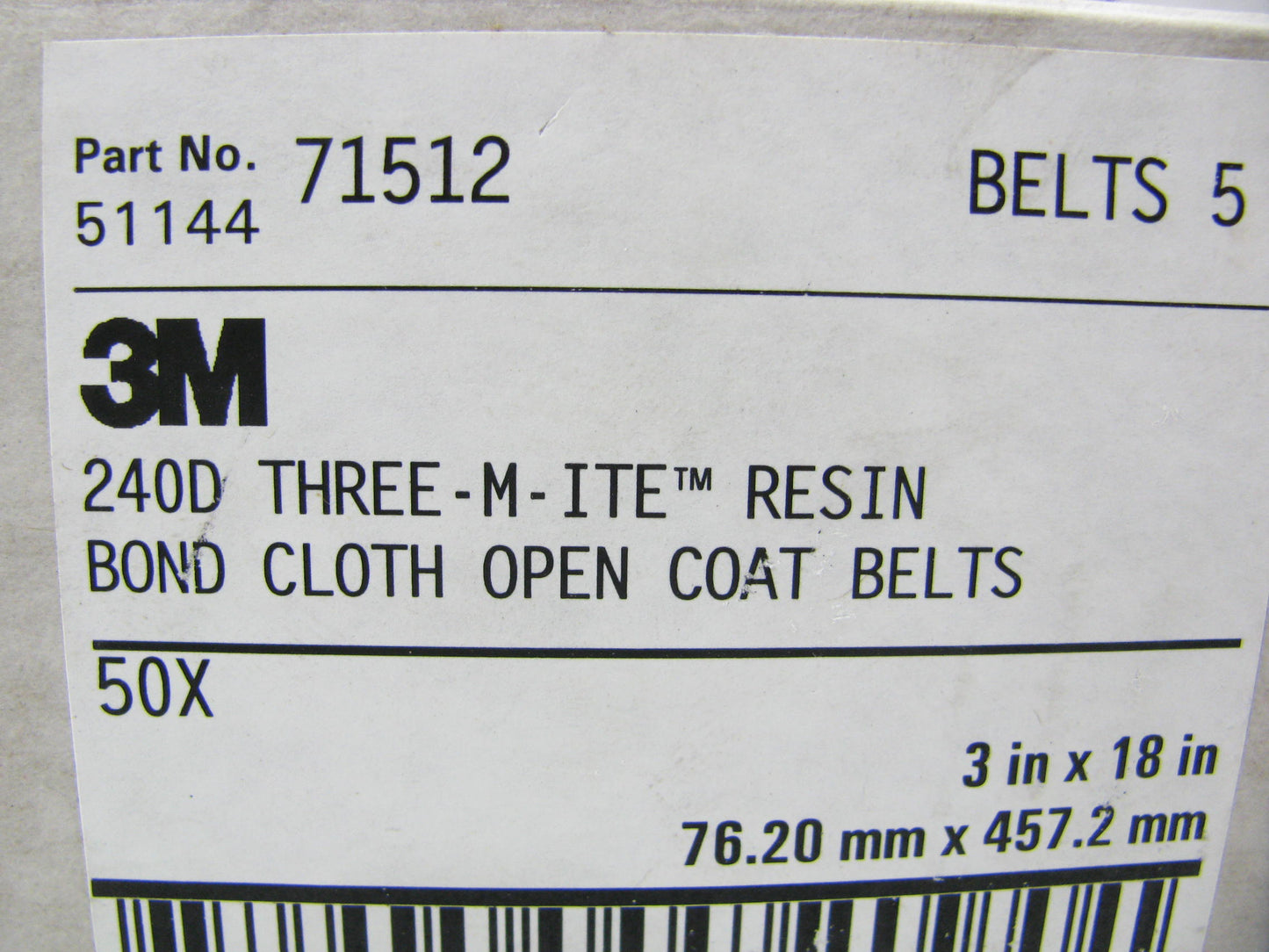 (BOX OF 5 Belts) 3M 240D Cloth Sanding Belt 3'' X 18'' 50X - 71512-51144