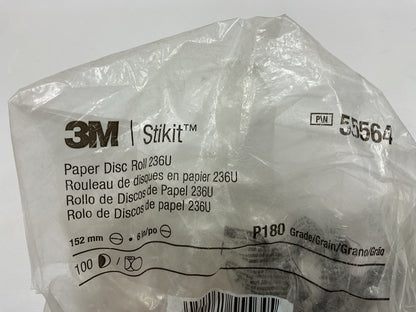 3M 55564 P180 Grit Stikit Aluminum Oxide PSA 6'' Sanding Disc Roll, 100 / Roll