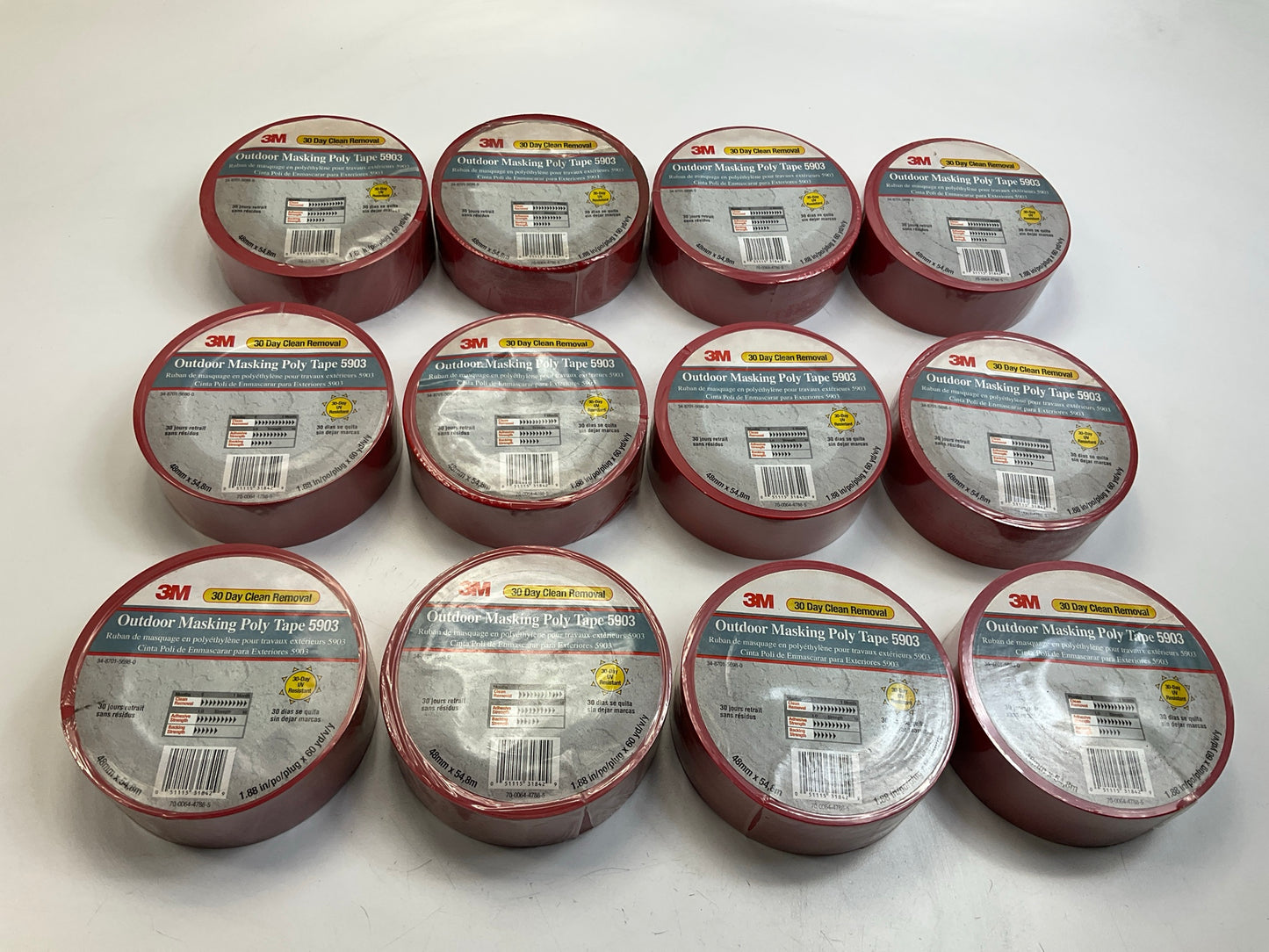 (12) 3M 5903 Outdoor Masking Poly Tape Red, 1.88''x60 Yard (48mm X 54.8M) 7.5 Mil