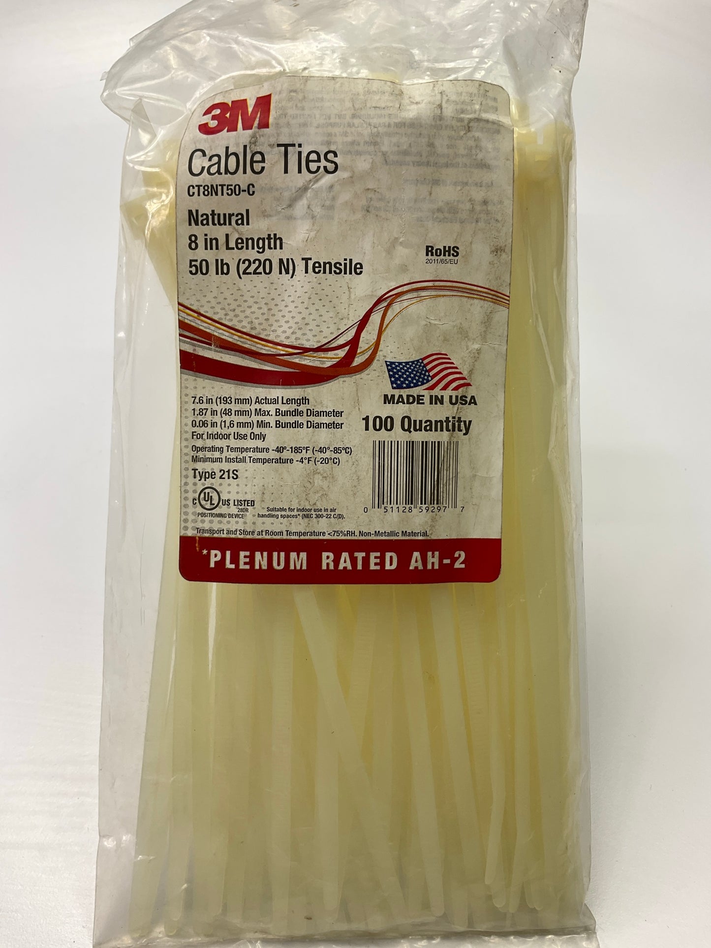 3M CT8NT50-C 100 PC Cable Zip Ties Natural White 8'' 50 Lbs., 100 Per Bag