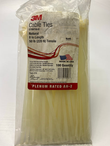 3M CT8NT50-C 100 PC Cable Zip Ties Natural White 8'' 50 Lbs., 100 Per Bag