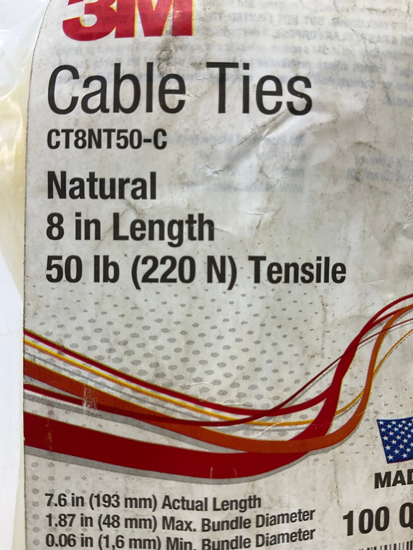 3M CT8NT50-C 100 PC Cable Zip Ties Natural White 8'' 50 Lbs., 100 Per Bag