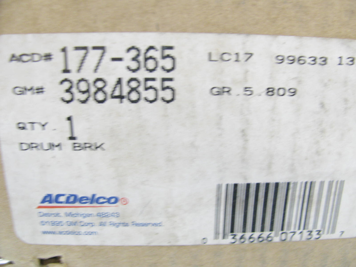 NEW GENUINE Acdelco 177-365 REAR Brake Drum GM # 3984855