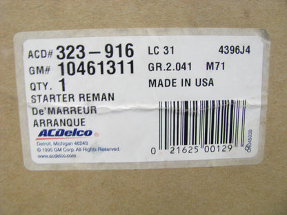 Acdelco 323-916 Reman 37MT Starter 12V SAE 1 Mount CW 12 Tooth 8/10 Pitch