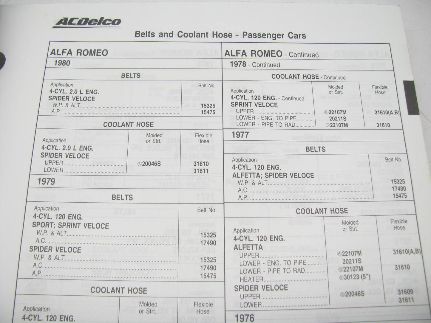 Acdelco 35A-100 Belts & Hoses Catalog 1911-1980 Vehicles Weatherly #400, 726 PGS