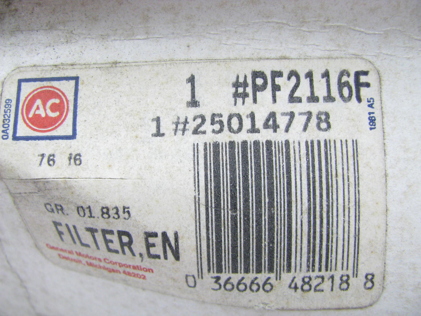 Acdelco PF2116F Oil Filter Replaces 25014778 P6697 57019 L24558 LP2232 KF24