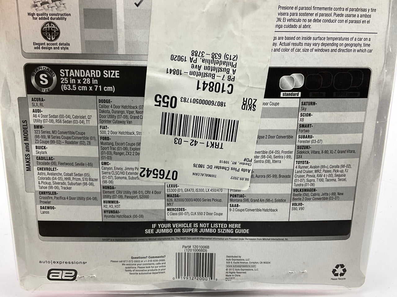 AE 1201006B Basix Magic Shade 25''x28'' Solar Windshield Cover Sun Screen Panels