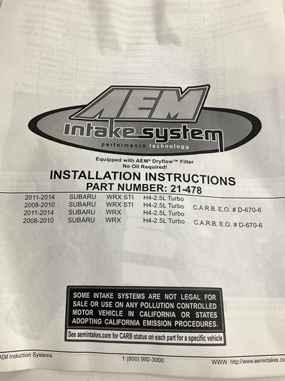 AEM 21-478WR RED Cold Air Intake System For 2008-2014 Subaru 2.5L H4 Turbo