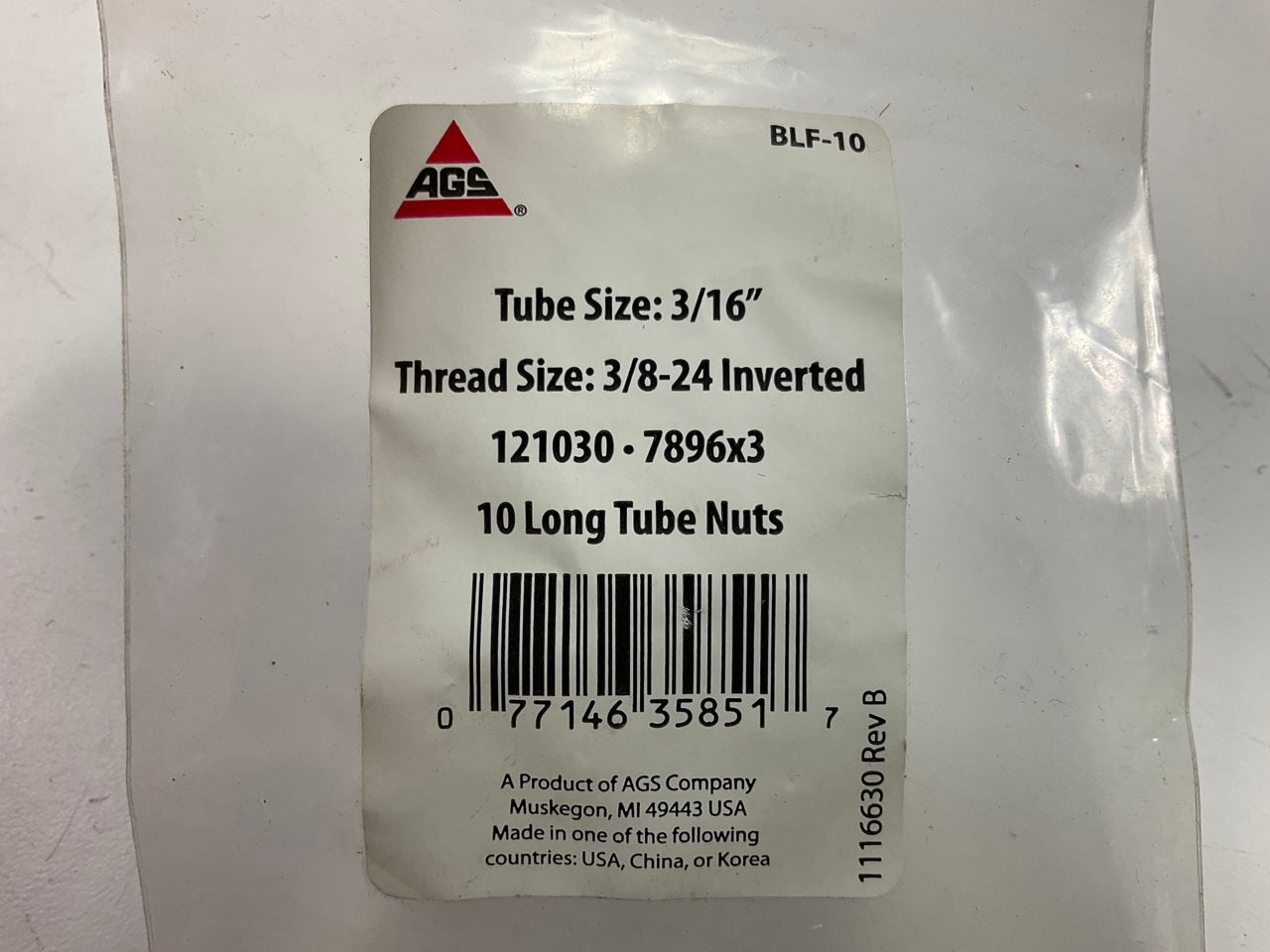 (9) AGS BLF-10 BLF Brake Line Steel Tube Nuts, Long, 3/16'' (3/8''-24 Inverted)