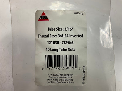 (9) AGS BLF-10 BLF Brake Line Steel Tube Nuts, Long, 3/16'' (3/8''-24 Inverted)