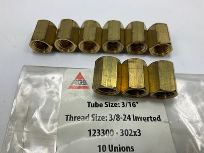(9) AGS BLU-3 Brake Line Brass Fitting Union, 3/16'' (3/8''-24 Inverted)