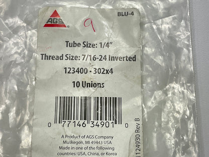 (9) AGS BLU-4 Brass Brake Line Union, 1/4'' (7/16''-24 Inverted)