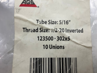 (10) AGS BLU-5 Brass Brake Line Union, 5/16'' (1/2''-20 Inverted)