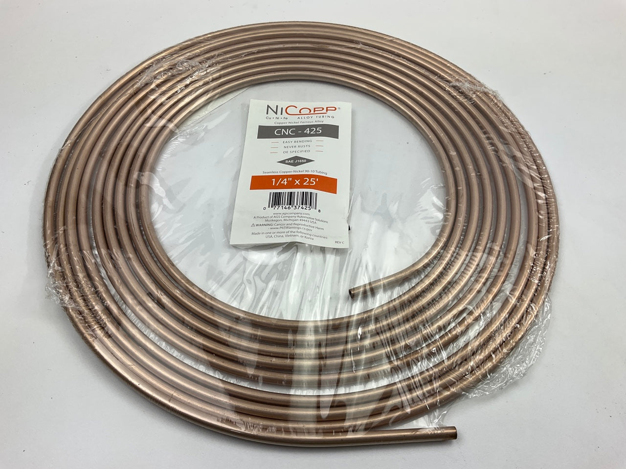 AGS CNC-425 NiCopp Nickel / Copper Brake Line Tubing Coil - 1/4'' X 25'