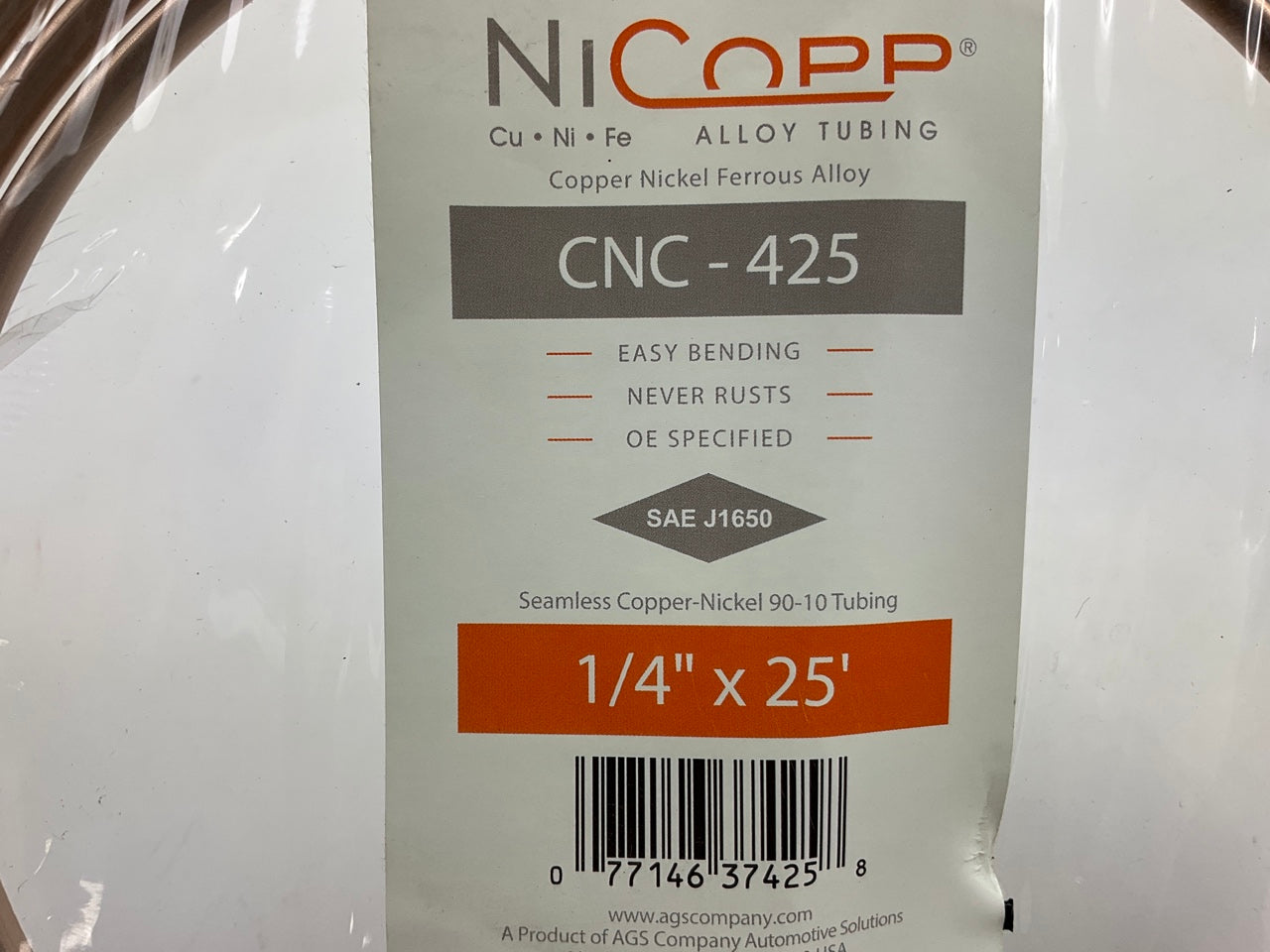 AGS CNC-425 NiCopp Nickel / Copper Brake Line Tubing Coil - 1/4'' X 25'