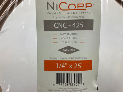 AGS CNC-425 NiCopp Nickel / Copper Brake Line Tubing Coil - 1/4'' X 25'