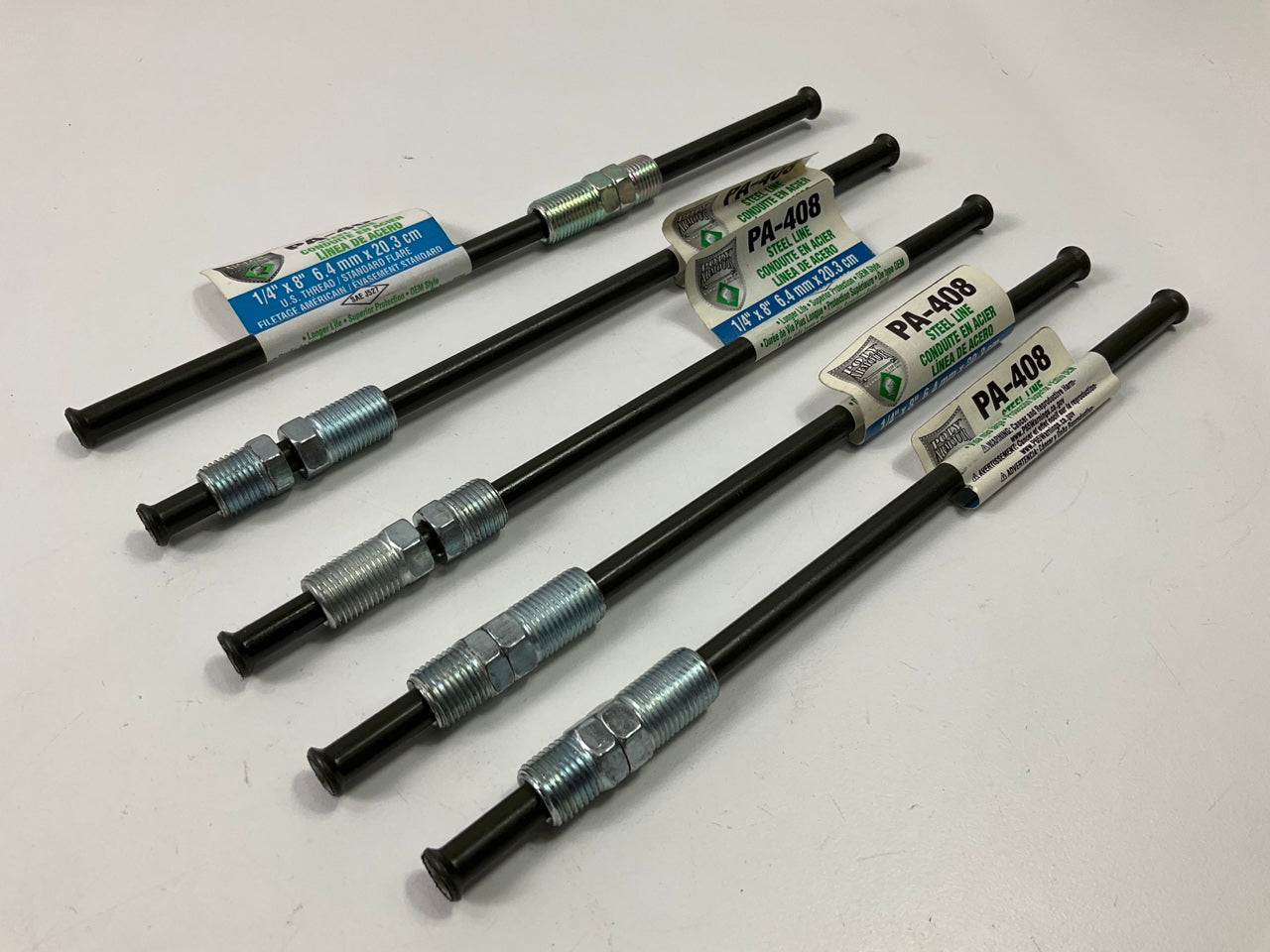 (5) AGS PA408 PVF Coated Steel Brake Lines 8'' Long, 1/4'' Diameter 7/16-24 Thread