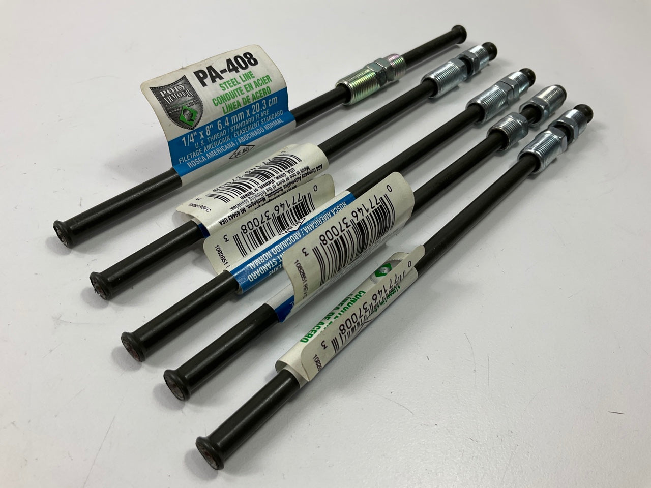 (5) AGS PA408 PVF Coated Steel Brake Lines 8'' Long, 1/4'' Diameter 7/16-24 Thread