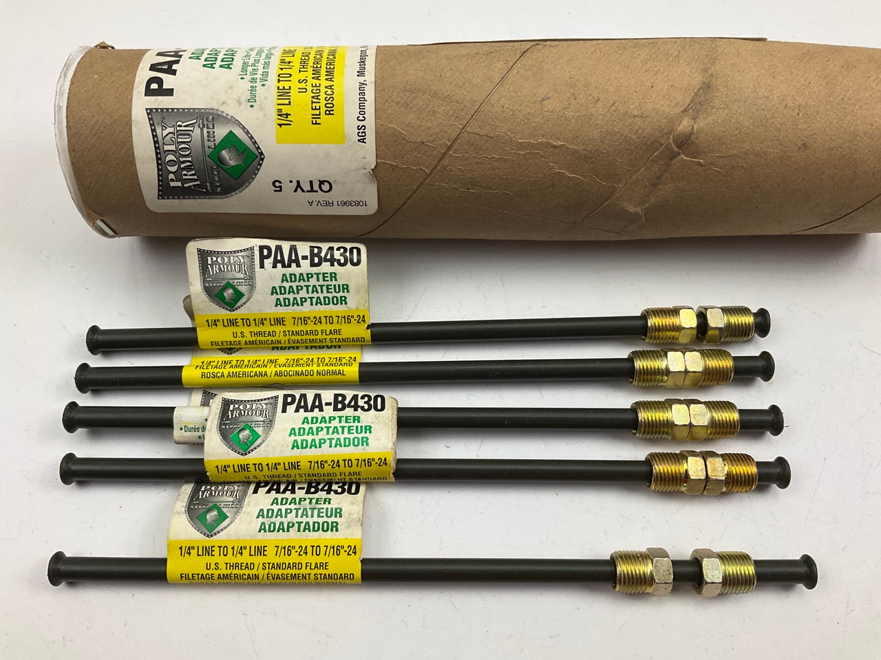(5) AGS PAA-B430 8'' X 1/4'' PVF Coated Adapter Brake Line - 7/16-24 SAE Inverted