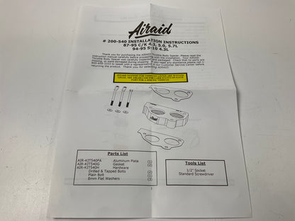 Airaid 200-540 Performance Throttle Body Spacer For 1988-1995 GM 4.3L 5.7L