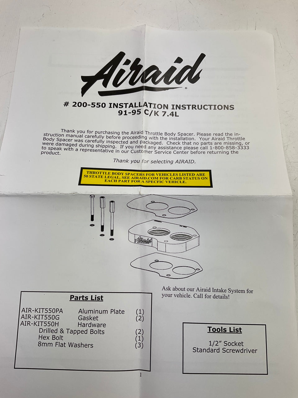 Airaid 200-550 Fuel Injection Throttle Body Spacer 1991-1995 Chevy GMC 454 7.4L