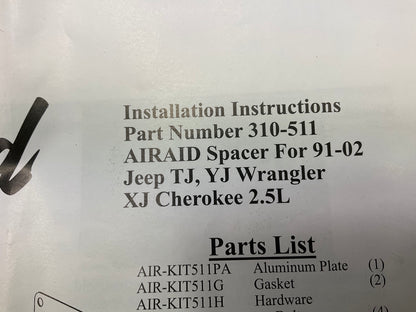 Airaid 310-511 PowerAid Throttle Body Spacer For 1992-2000 Jeep Wrangler 2.5L-L4