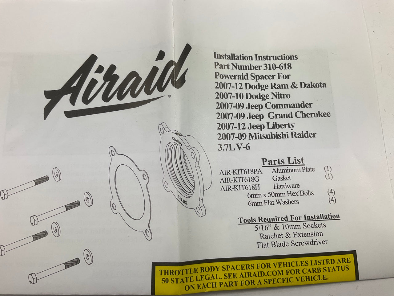 Airaid 310-618 Performance Throttle Body Spacer For 2007-2012 Chrysler 3.7L V6