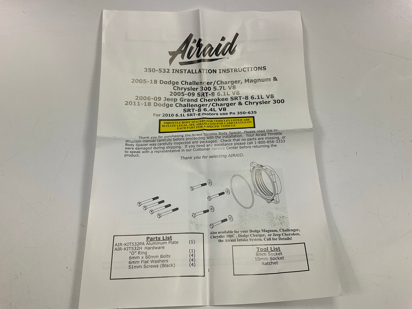 MISSING 1 BOLT Airaid 350-532 Throttle Body Spacer For 05-20 HEMI 5.7 6.1 6.4 V8