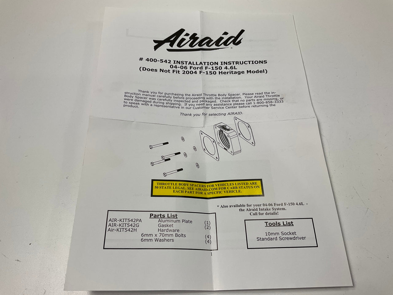 Airaid 400-542 Performance Throttle Body Spacer For 2004-2006 Ford F-150 4.6L V8