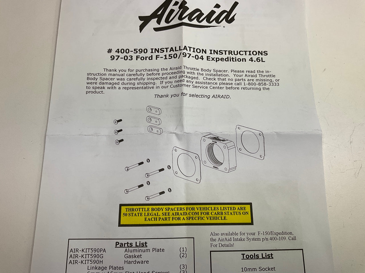 Airaid 400-590 Throttle Body Spacer 1997-03 Ford F-150, 1997-04 Expedition 4.6L