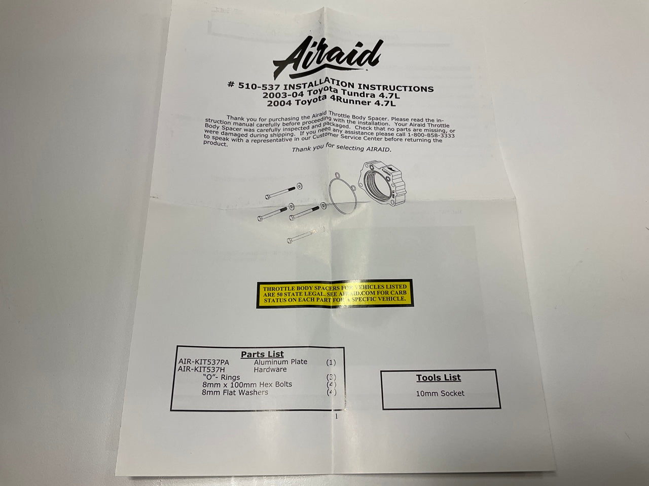 Airaid 510-537 PowerAid Throttle Body Spacer For 2003-2004 Toyota 4.7L-V8