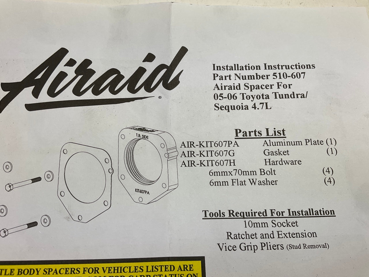 Airaid 510-607 Fuel Injection Throttle Body Spacer For 2005-2006 Sequoia 4.7L V8