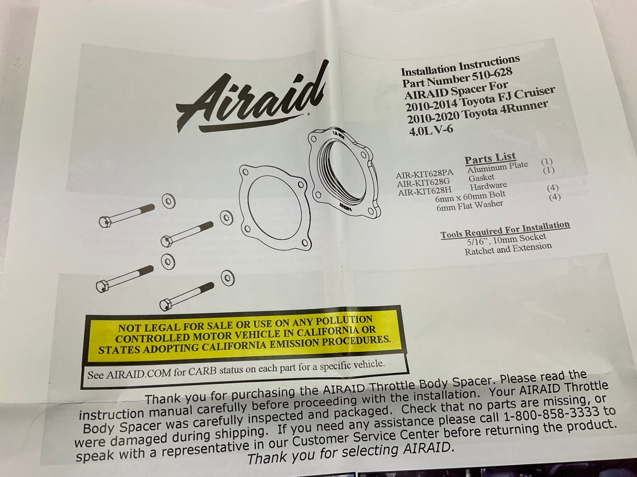 Airaid 510-628 Fuel Injection Throttle Body Spacer For 2010-2020 Toyota 4.0L V6