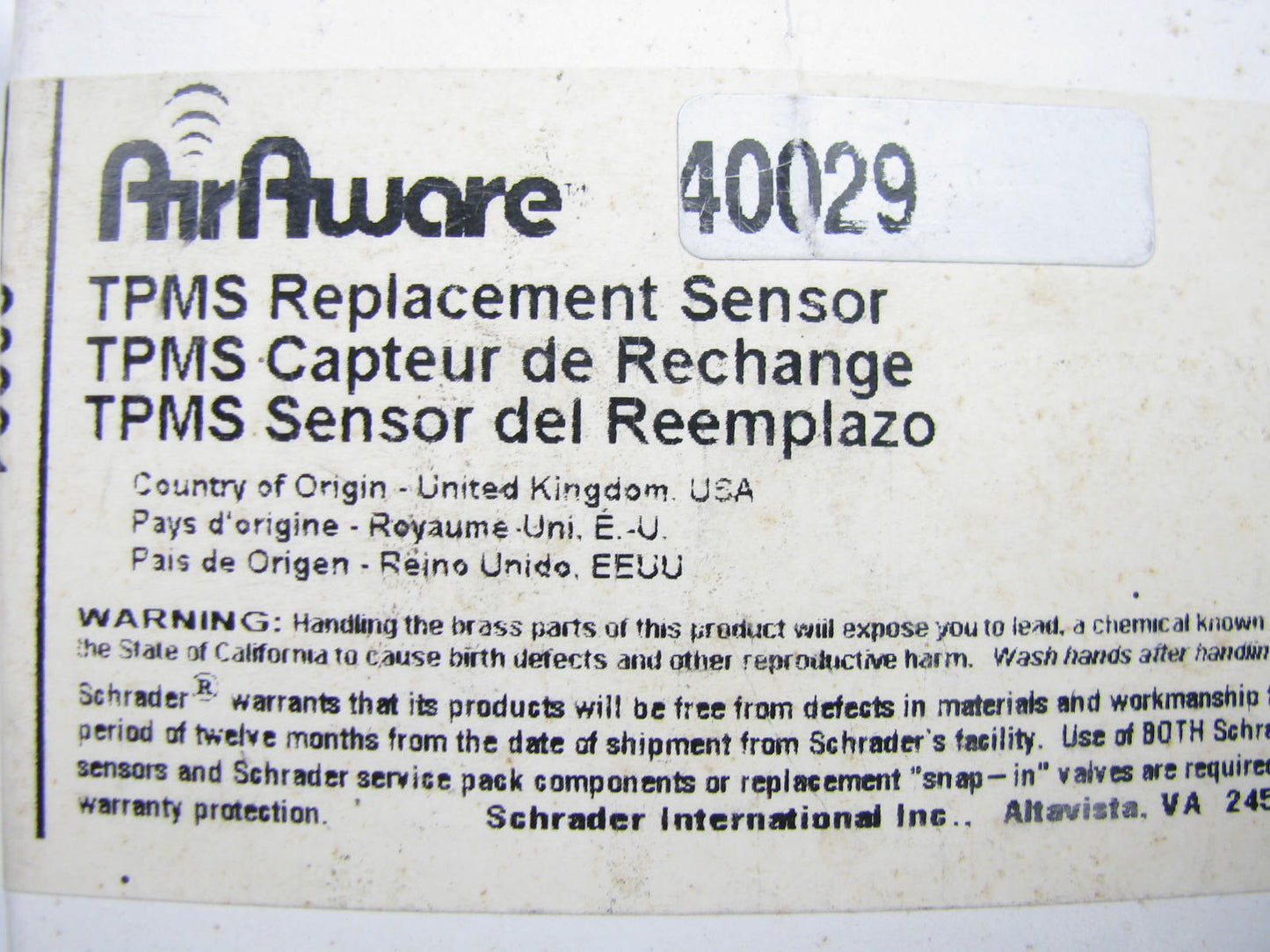 Airaware 40029 TPMS Tire Pressure Monitor Sensor