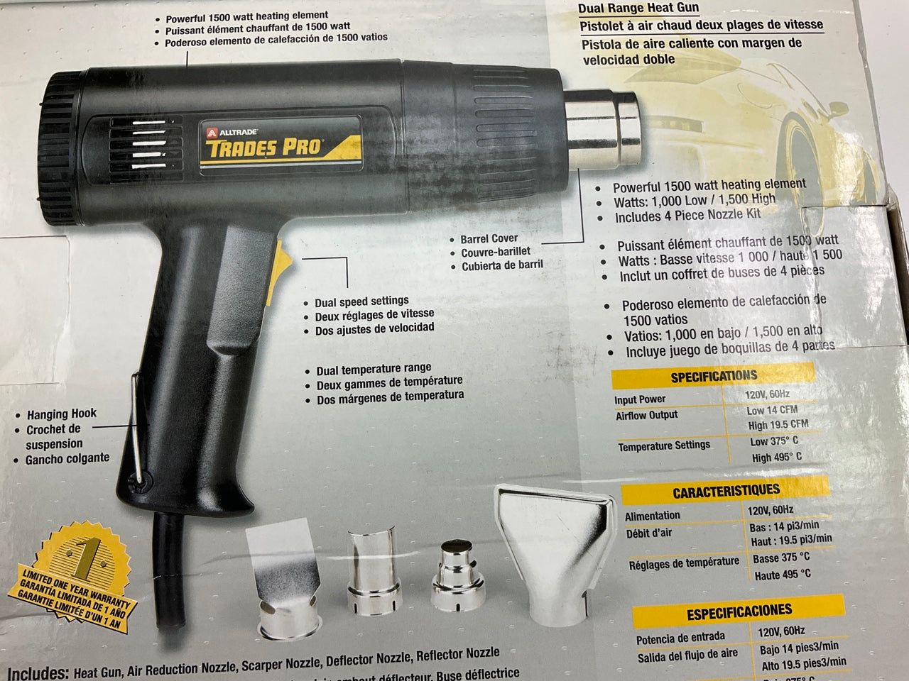 Alltrade Tools 836717 1500 Watt Heat Gun Heatgun With 4 Nozzle Adapter