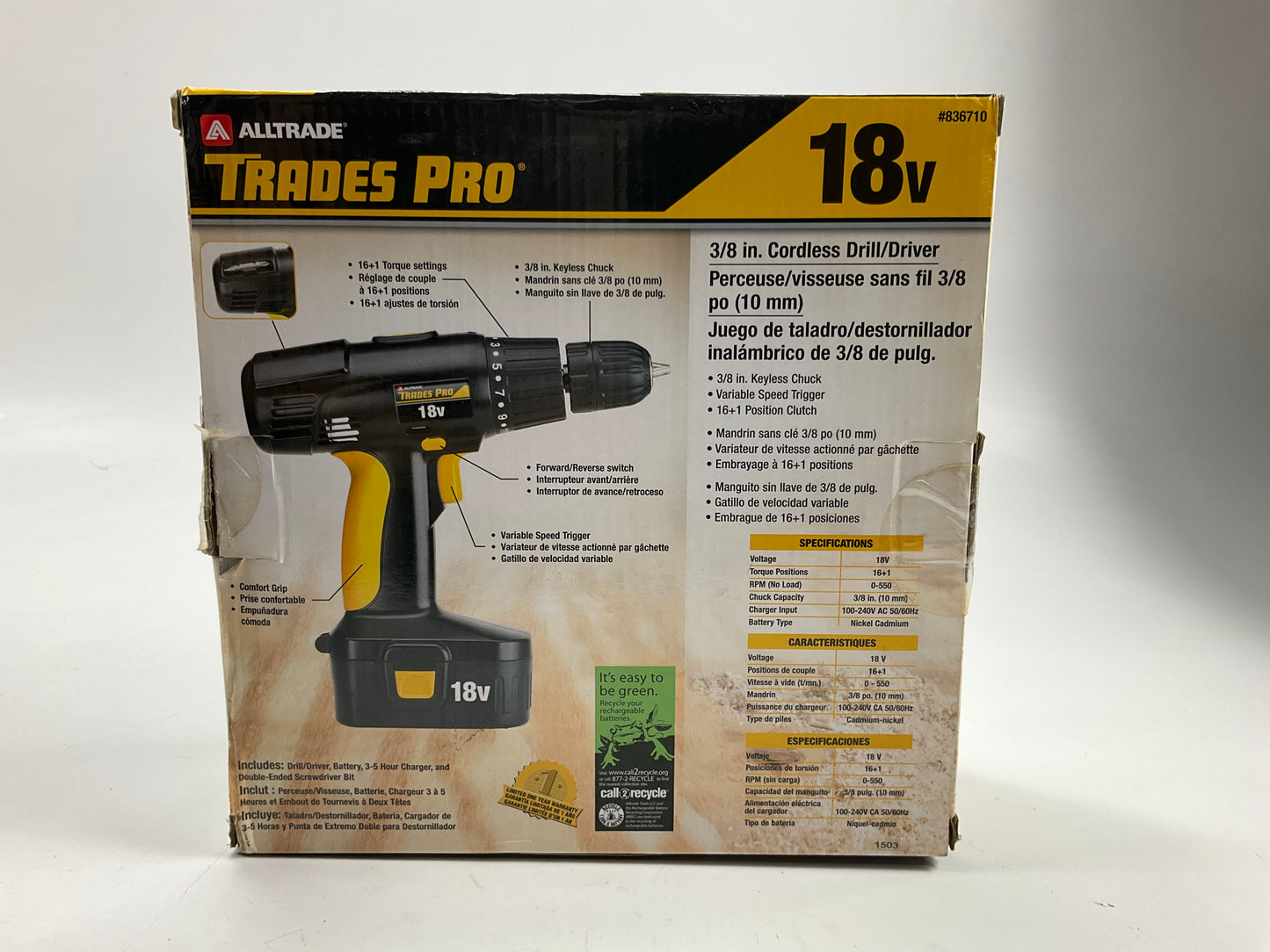 Alltrade 836710 Cordless Drill - 18V 1 Speed, With Battery & Charger