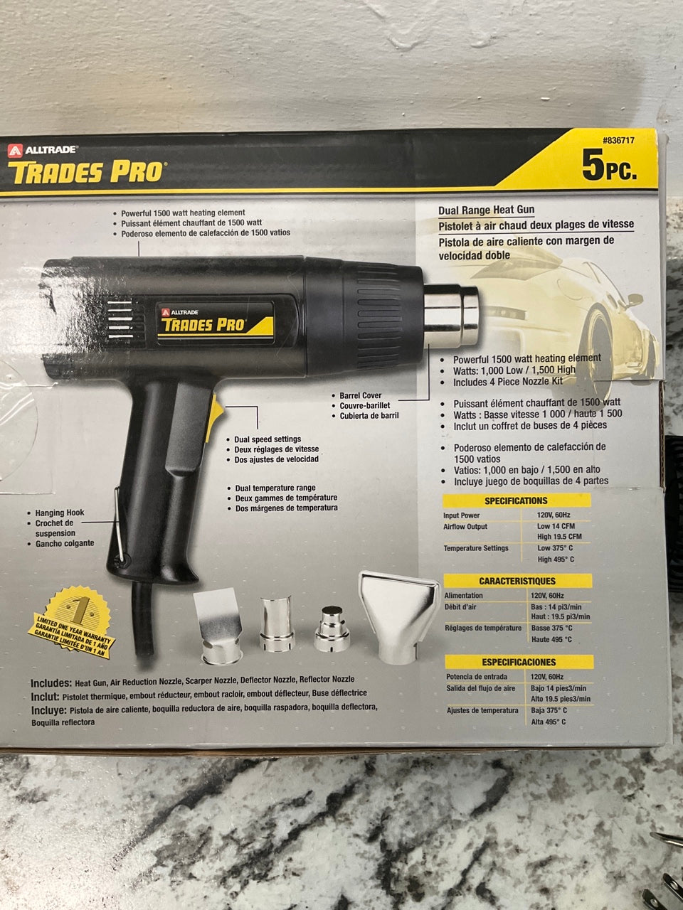 Tradespro 836717 1500 Watt Heat Gun Heatgun With 4 Nozzle Adapters