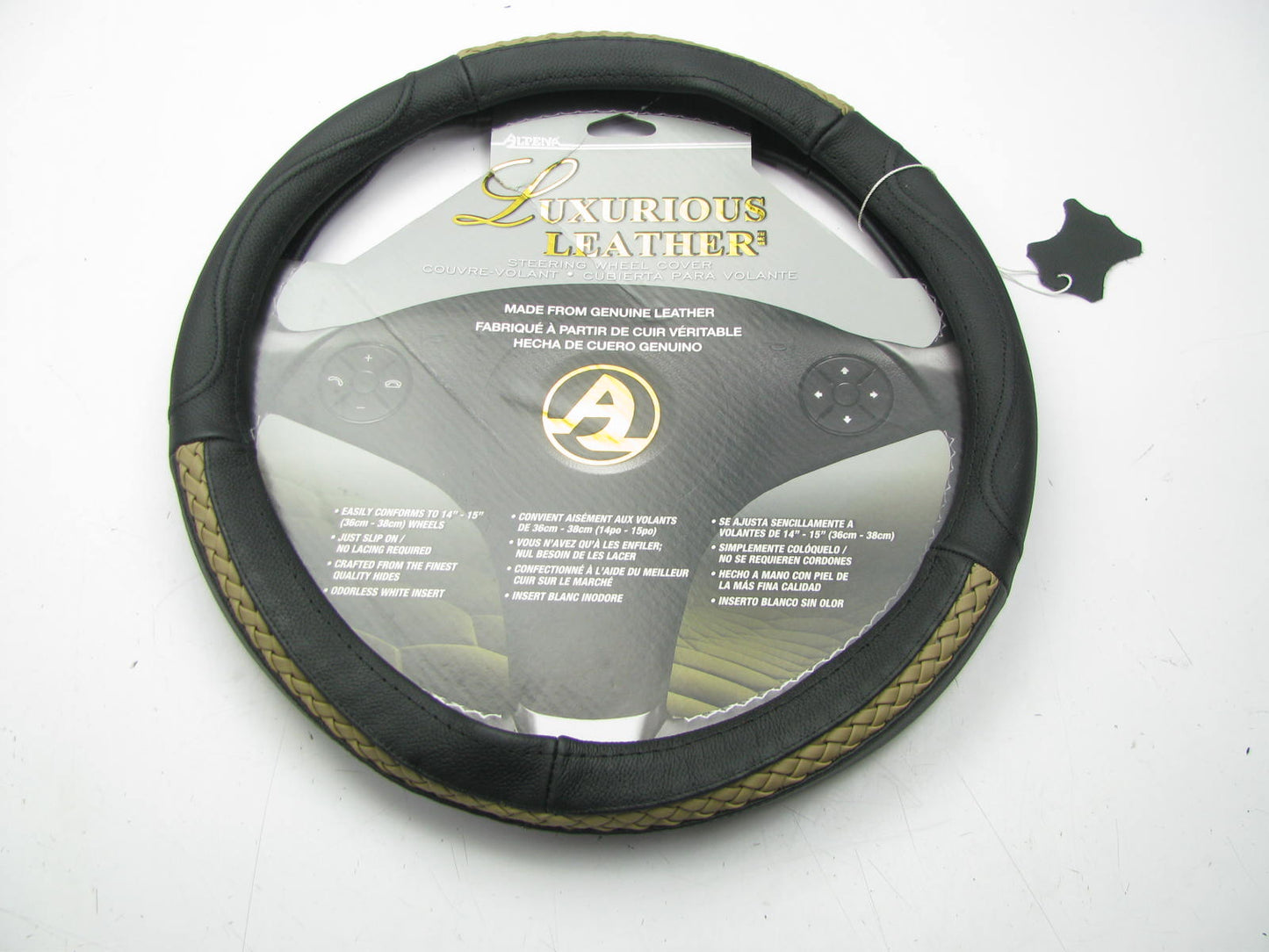 Alpena 10217 Durbin Black/Tan Braid Leather Steering Wheel Cover 14'' - 15''