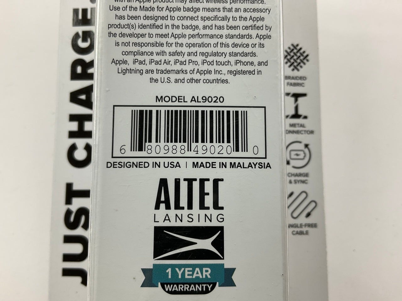 Altec Lansing AL9020 10ft. Braided Fabric Lightning To USB Charging Cable