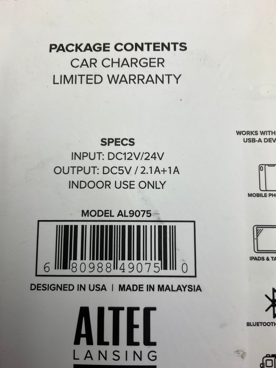 Altec Lansing AL9075 Dual USB Port Cigarette Lighter Power Outlet Socket Charger