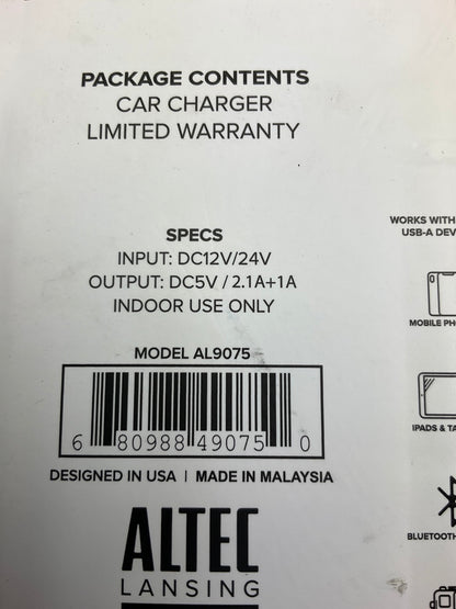 Altec Lansing AL9075 Dual USB Port Cigarette Lighter Power Outlet Socket Charger