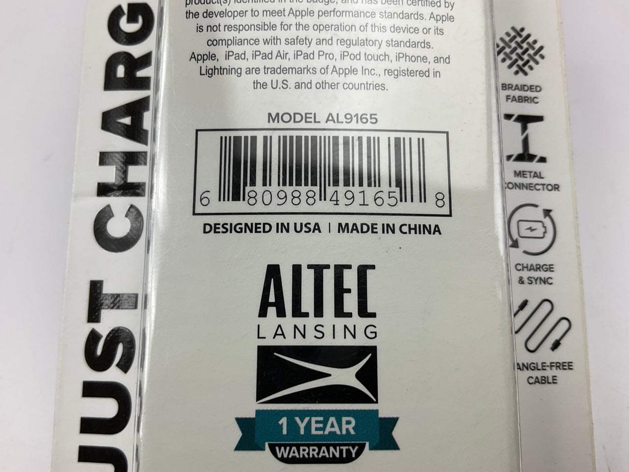 Altec Lansing AL9165 6ft Lightning To USB Braided Fabric Charger Cord