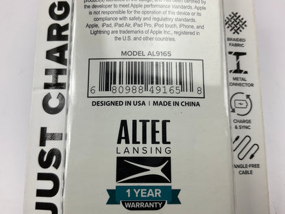 Altec Lansing AL9165 6ft Lightning To USB Braided Fabric Charger Cord